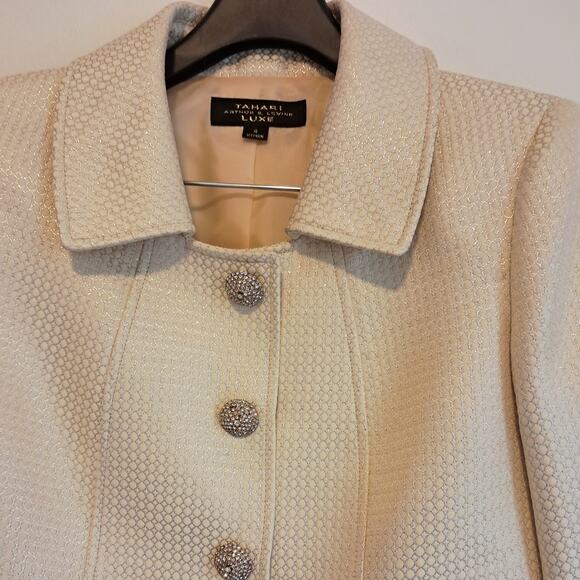 Tahari Arthur S Levine Luxe Elegant Cream Skirt Suit Set Gold Trim - Picture 6 of 10